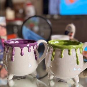 Spooky Hollow Cauldron Mug Set | Purple & Green Drip Witches Brew Cups | decor